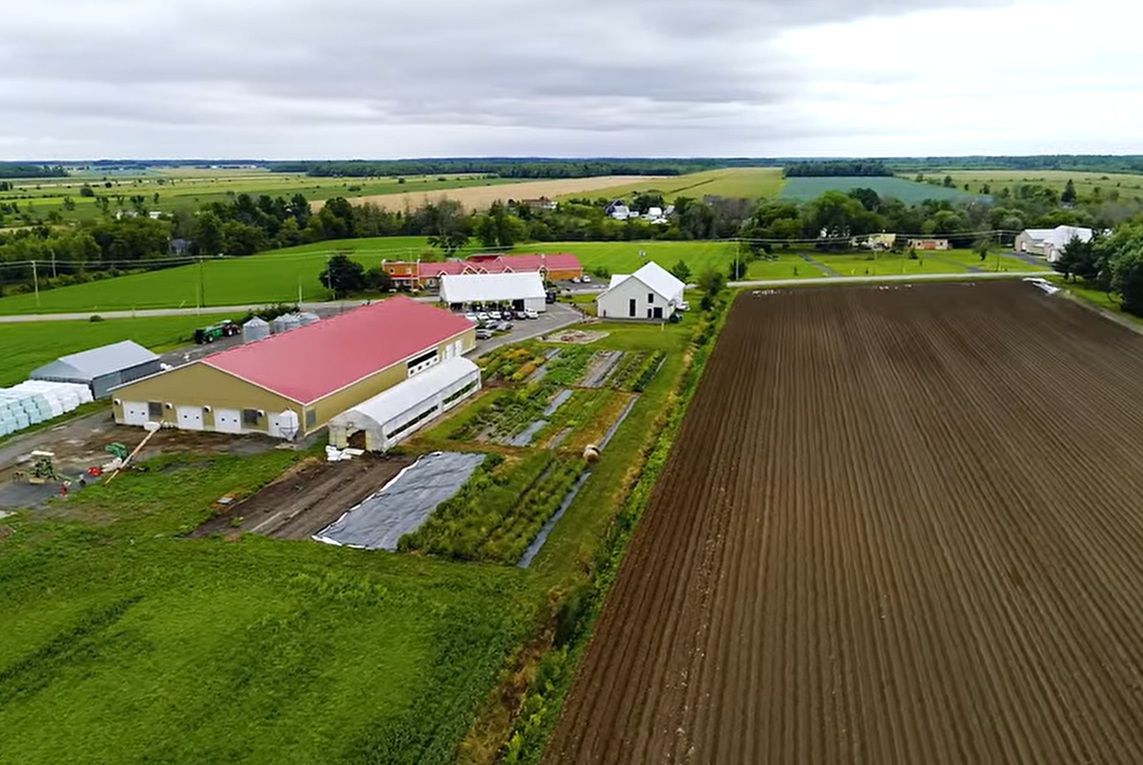 Vue aérienne, champs, jardins et bâtiments de ferme, serres